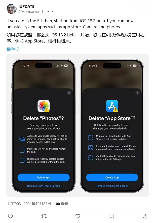 蚌埠苹果手机维修分享iOS 18.2 支持删除 App Store 应用商店 